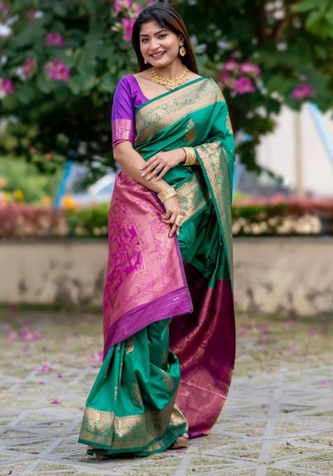 Green Purple Weaving Work Silk Saree Set