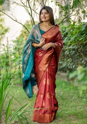 Maroon Blue Weaving Work Silk Saree Set
