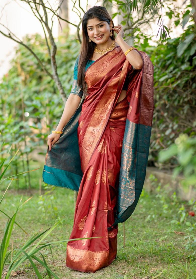 Maroon Blue Weaving Work Silk Saree Set - Indya