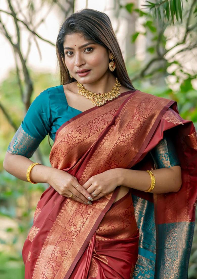 Maroon Blue Weaving Work Silk Saree Set - Indya