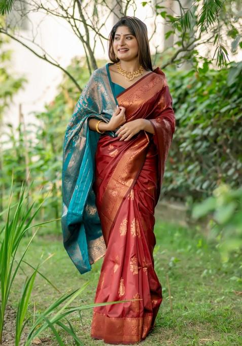 Maroon Blue Weaving Work Silk Saree Set