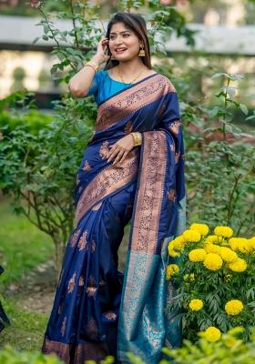 Navy Blue Weaving Work Silk Saree Set