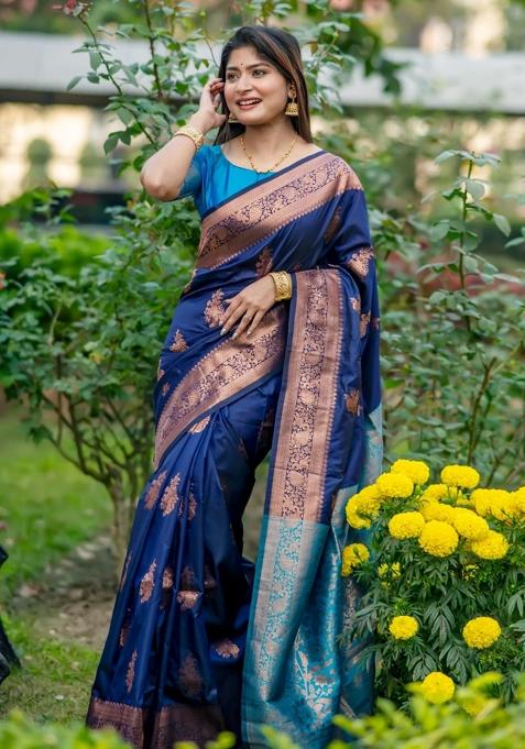 Navy Blue Weaving Work Silk Saree Set