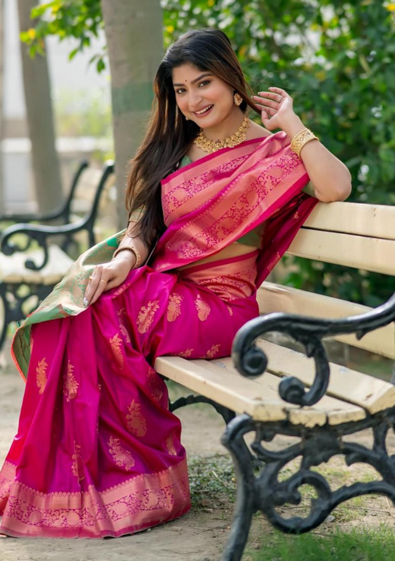 Pink Green Weaving Work Silk Saree Set - Indya