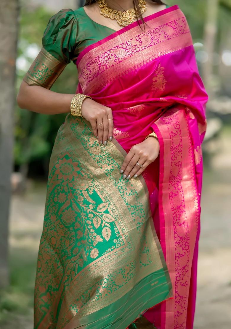 Pink Green Weaving Work Silk Saree Set - Indya