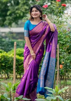 Purple And Blue Weaving Work Silk Saree Set