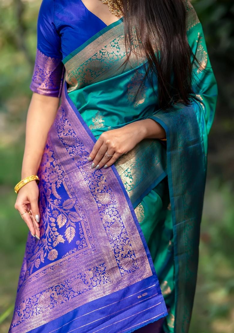 Rama Blue Royal Weaving Work Silk Saree Set - Indya
