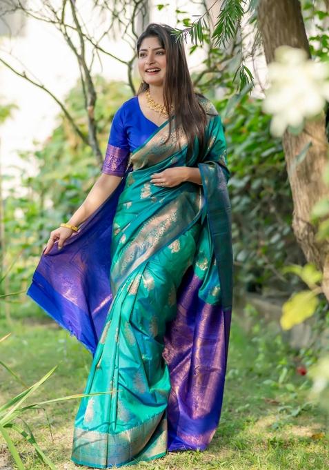 Rama Blue Royal Weaving Work Silk Saree Set