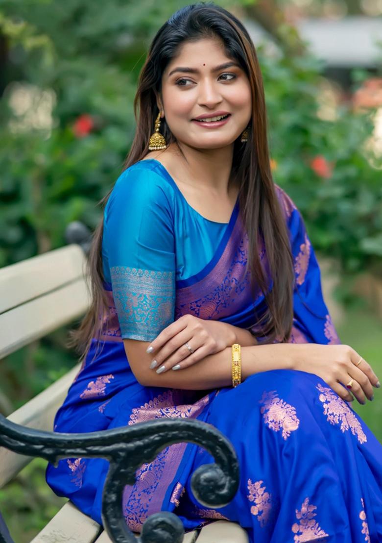 Royal Blue Weaving Work Silk Saree Set - Indya