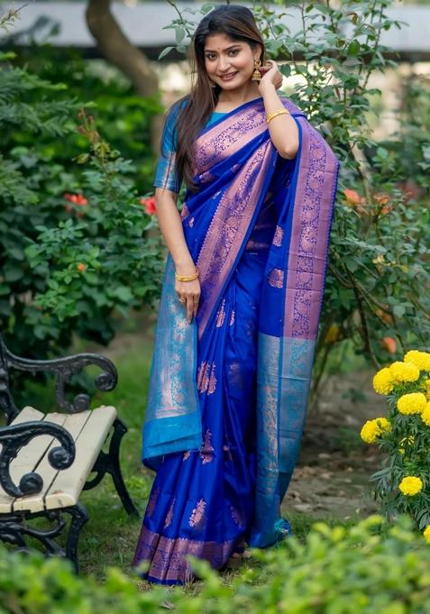 Royal Blue Weaving Work Silk Saree Set