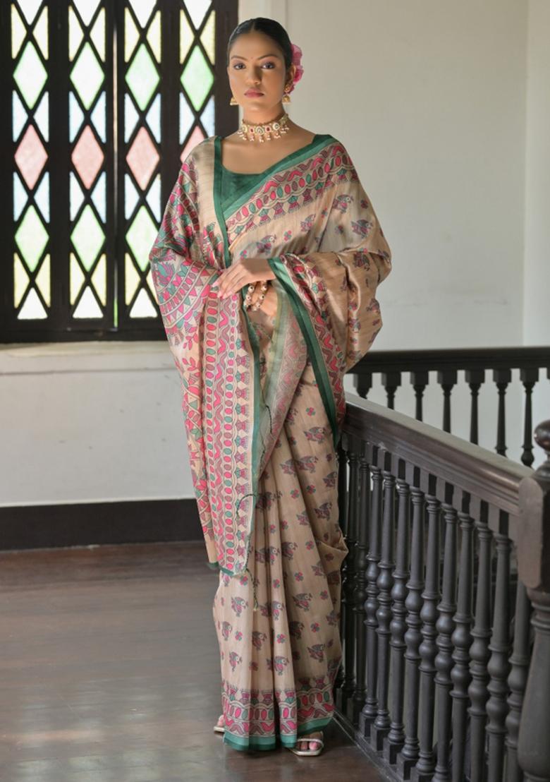 Multicolor Printed Silk Saree Set - Indya