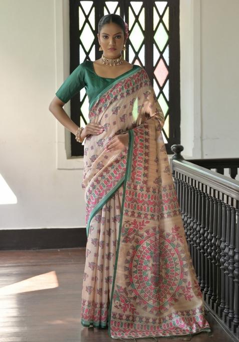 Multicolor Printed Silk Saree Set