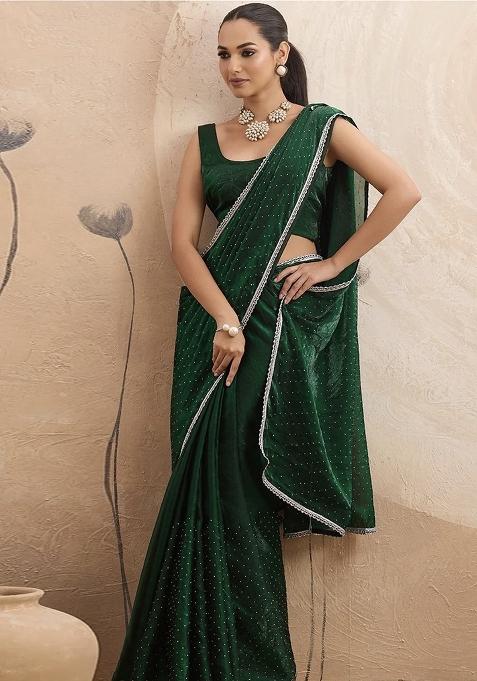 Green Lace Work Chiffon Saree Set