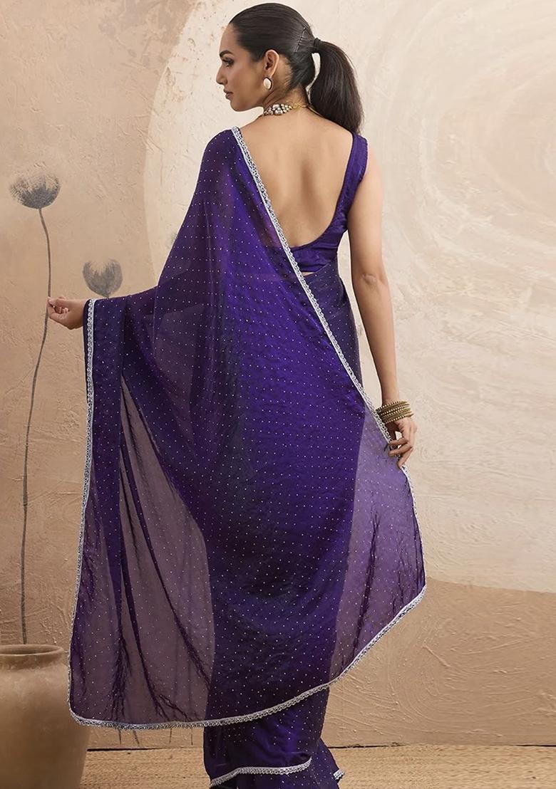 Purple Lace Work Chiffon Saree Set - Indya