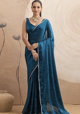 Teal Lace Work Chiffon Saree Set
