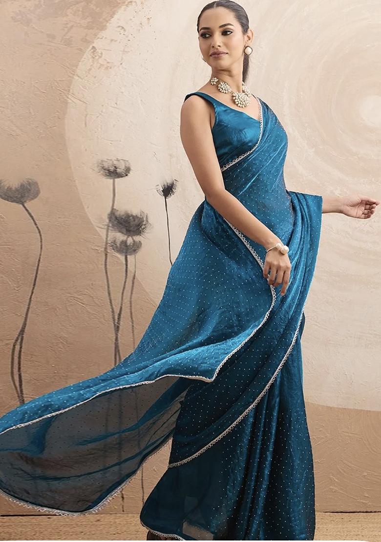 Teal Lace Work Chiffon Saree Set - Indya