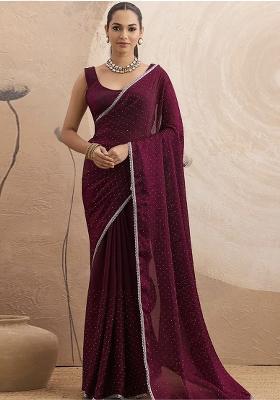 Burgundy Lace Work Chiffon Saree Set