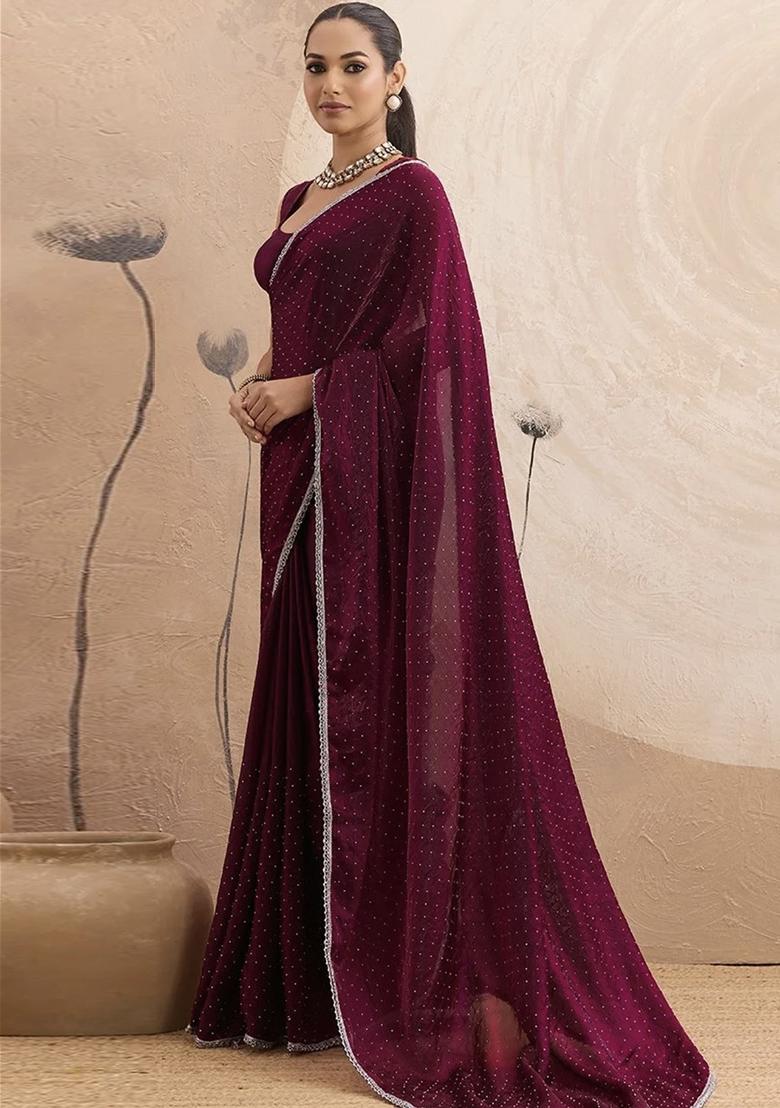 Burgundy Lace Work Chiffon Saree Set - Indya