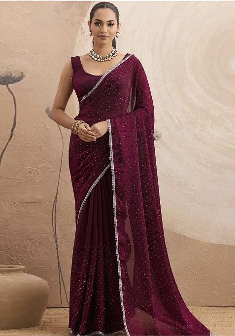 Burgundy Lace Work Chiffon Saree Set