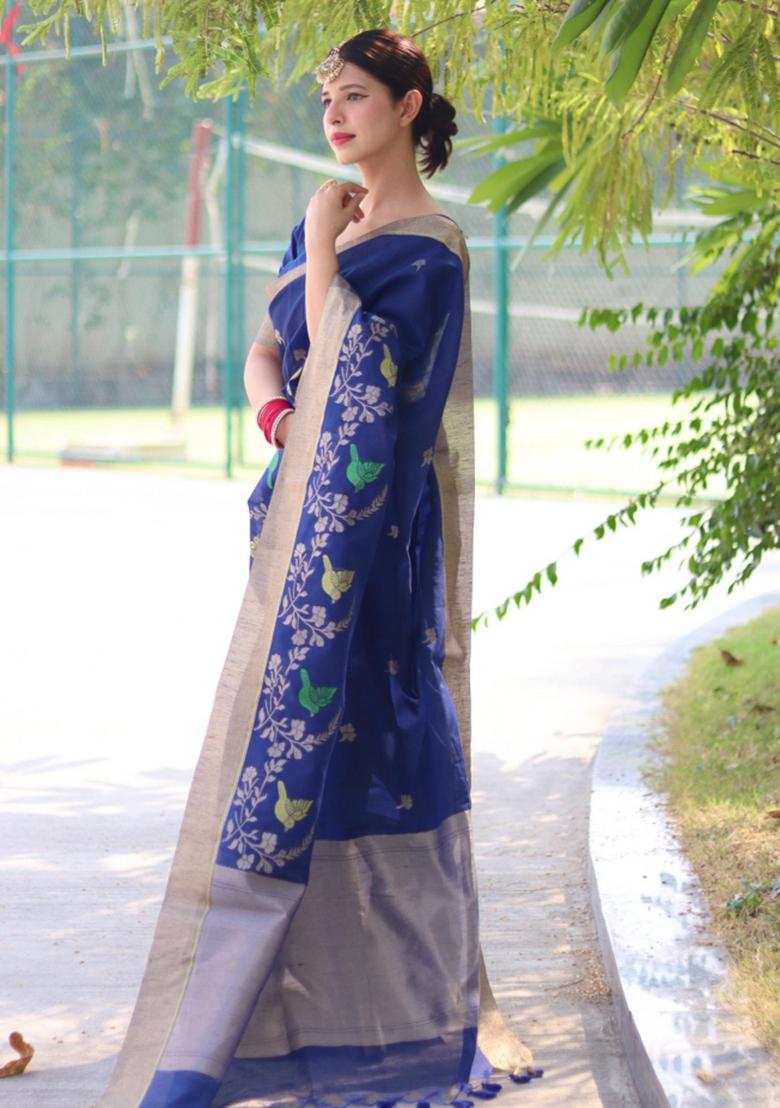 Blue Weaving Work Silk Saree Set - Indya