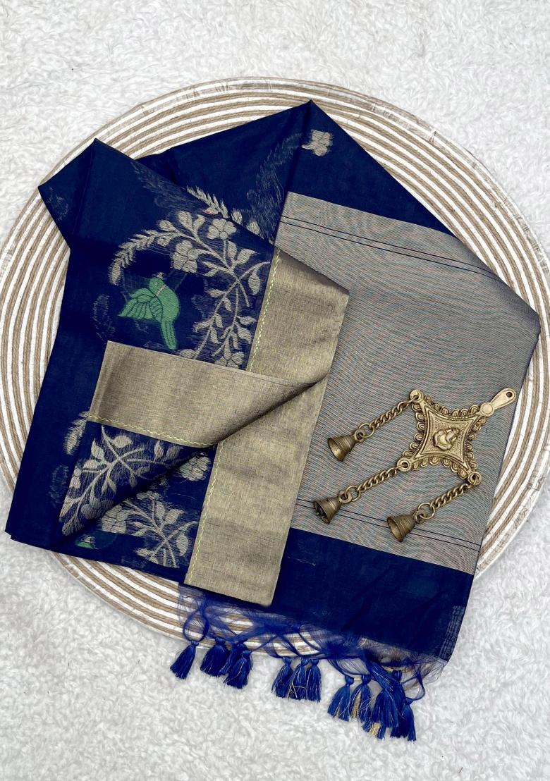 Blue Weaving Work Silk Saree Set - Indya