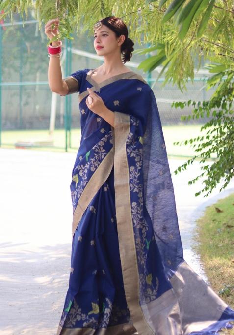 Blue Weaving Work Silk Saree Set