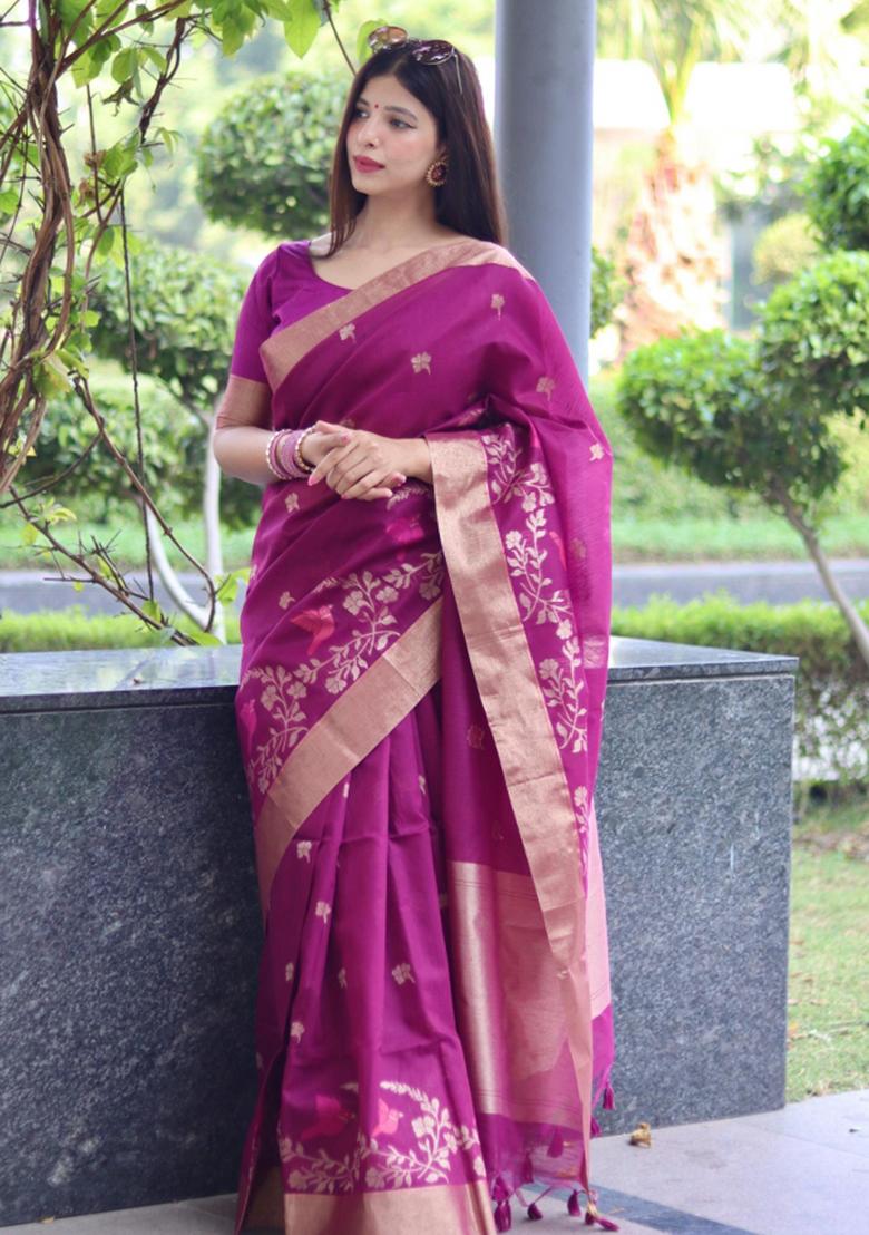 Purple Weaving Work Silk Saree Set - Indya