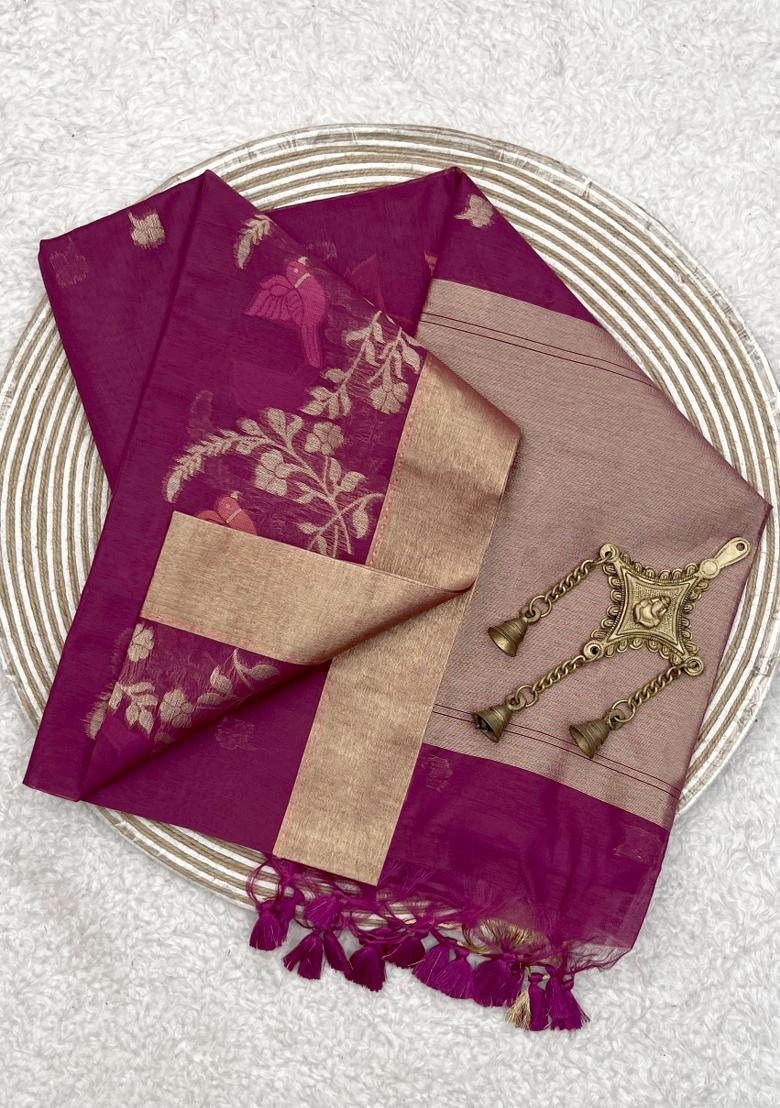 Purple Weaving Work Silk Saree Set - Indya