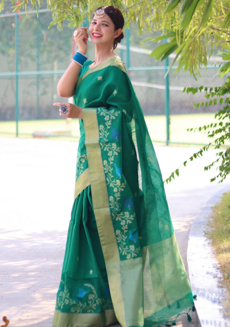 Rama Green Weaving Work Silk Saree Set - Indya