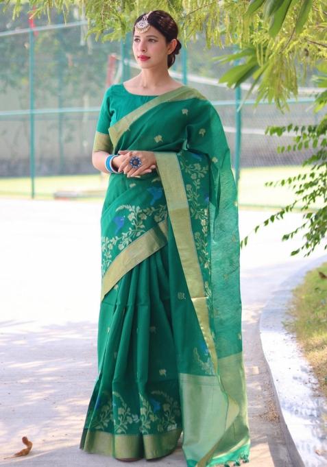 Rama Green Weaving Work Silk Saree Set