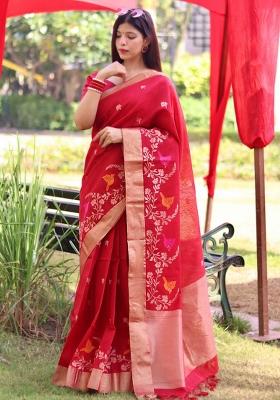 Red Weaving Work Silk Saree Set