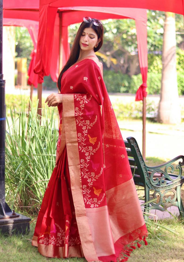 Red Weaving Work Silk Saree Set - Indya