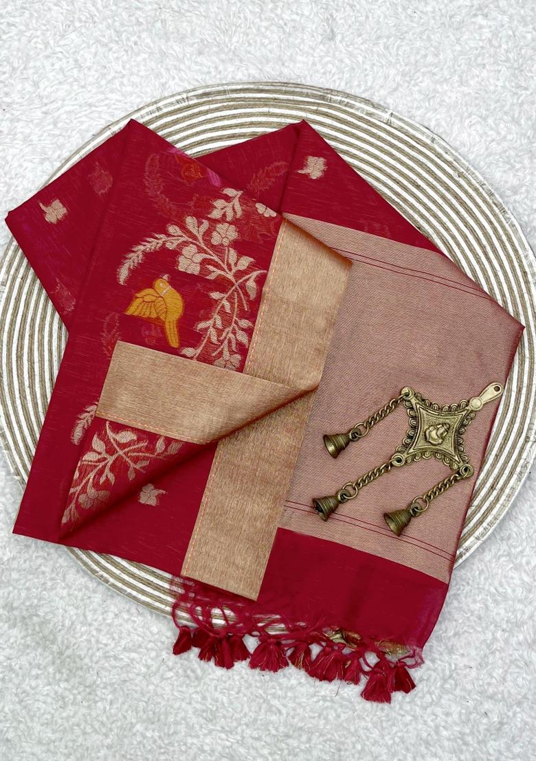 Red Weaving Work Silk Saree Set - Indya