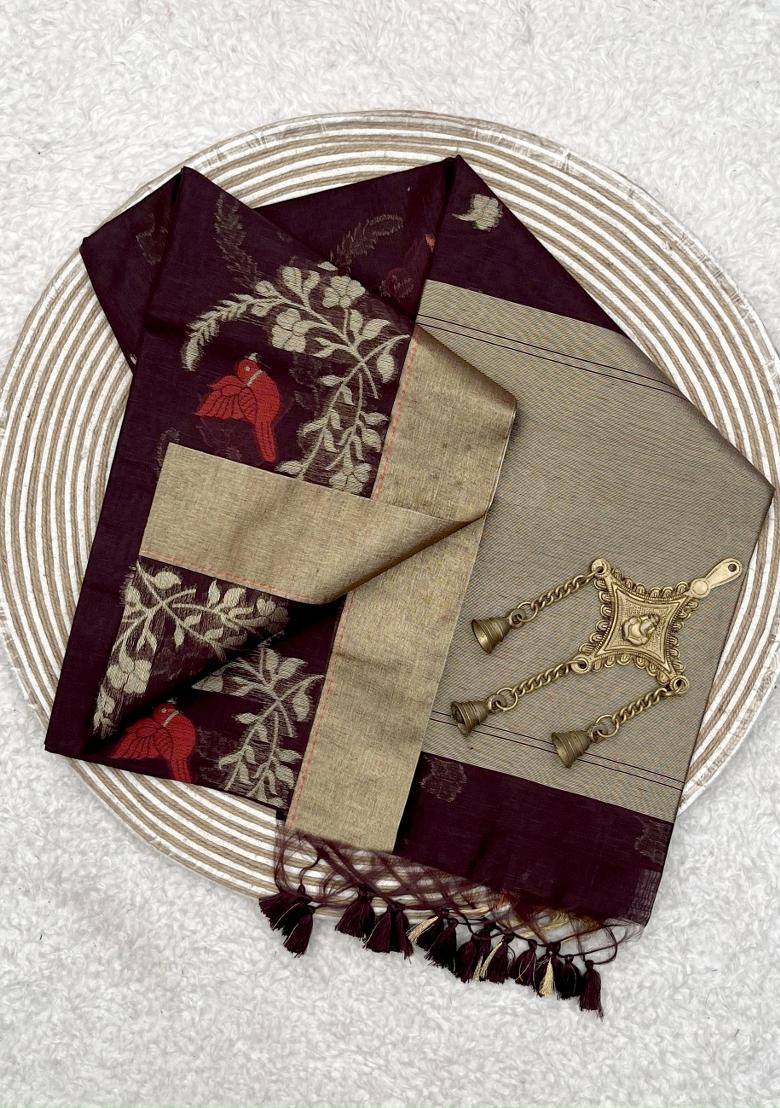 Wine Weaving Work Silk Saree Set - Indya