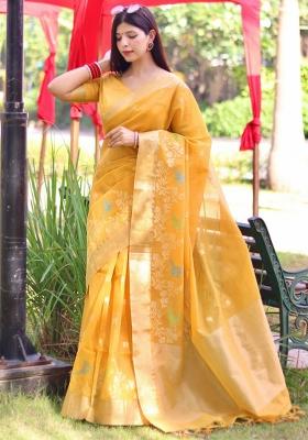 Yellow Weaving Work Silk Saree Set