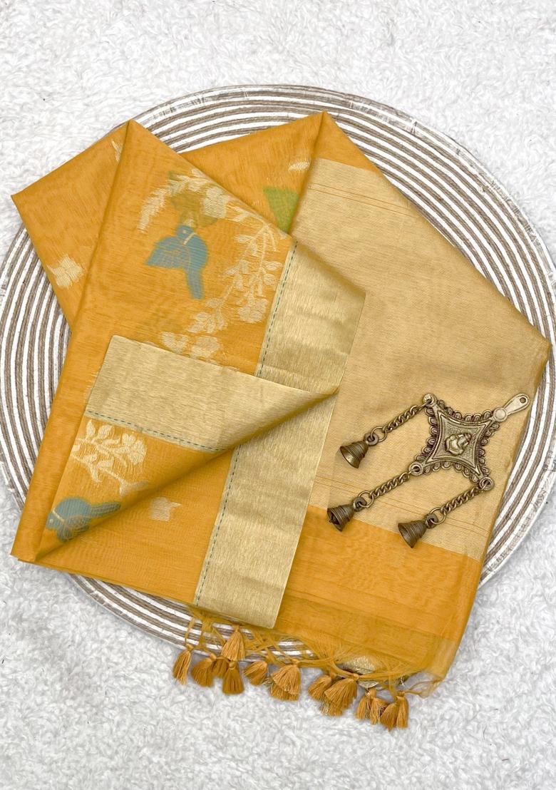 Yellow Weaving Work Silk Saree Set - Indya