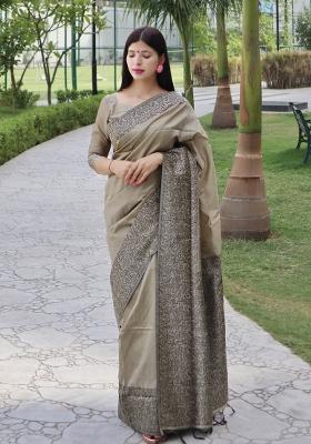 Beige Printed Silk Saree Set