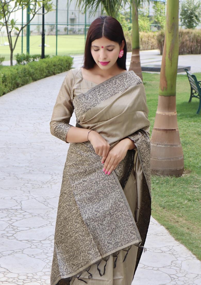 Beige Printed Silk Saree Set - Indya
