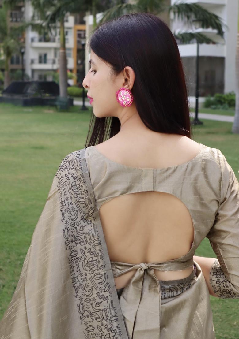 Beige Printed Silk Saree Set - Indya