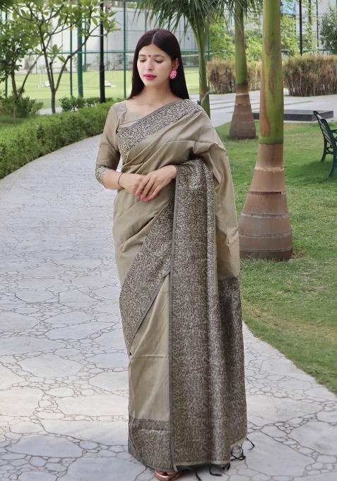 Beige Printed Silk Saree Set
