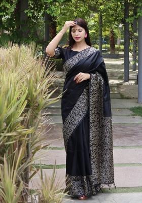 Black Printed Silk Saree Set