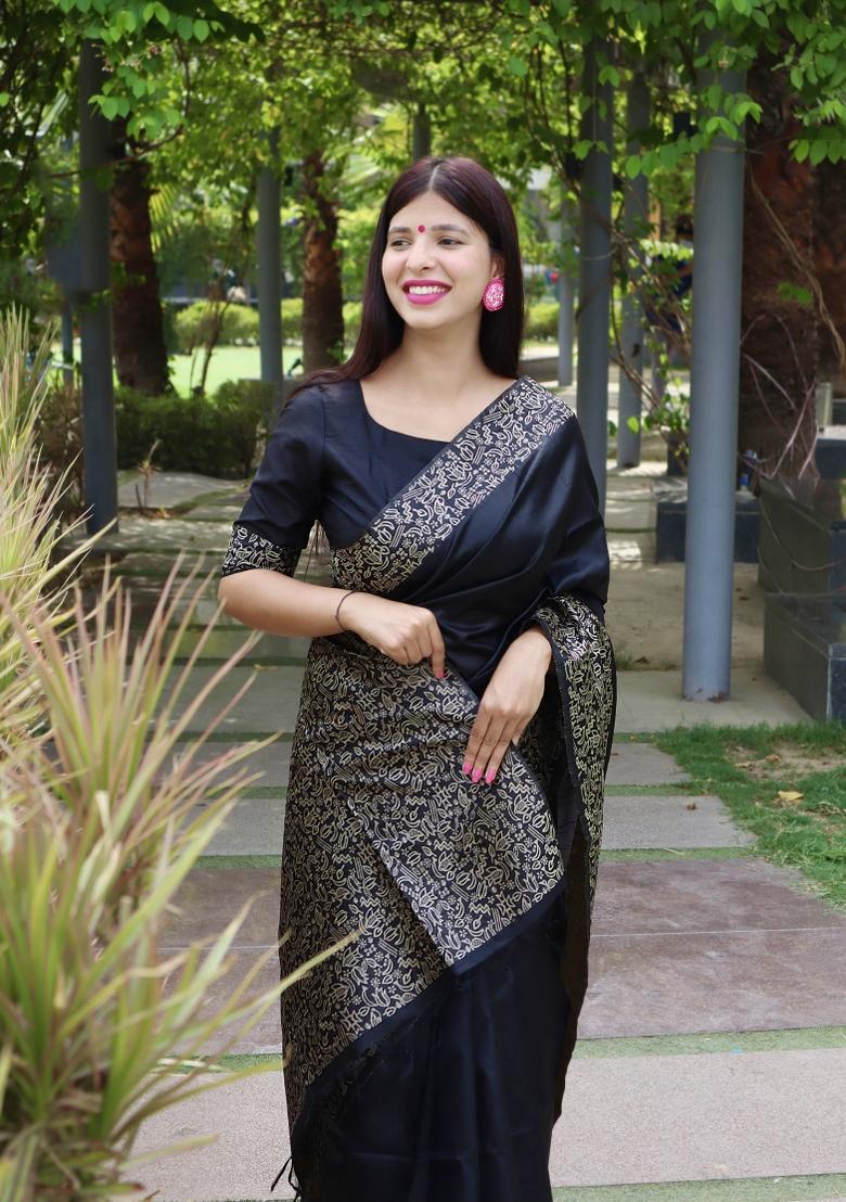Black Printed Silk Saree Set - Indya