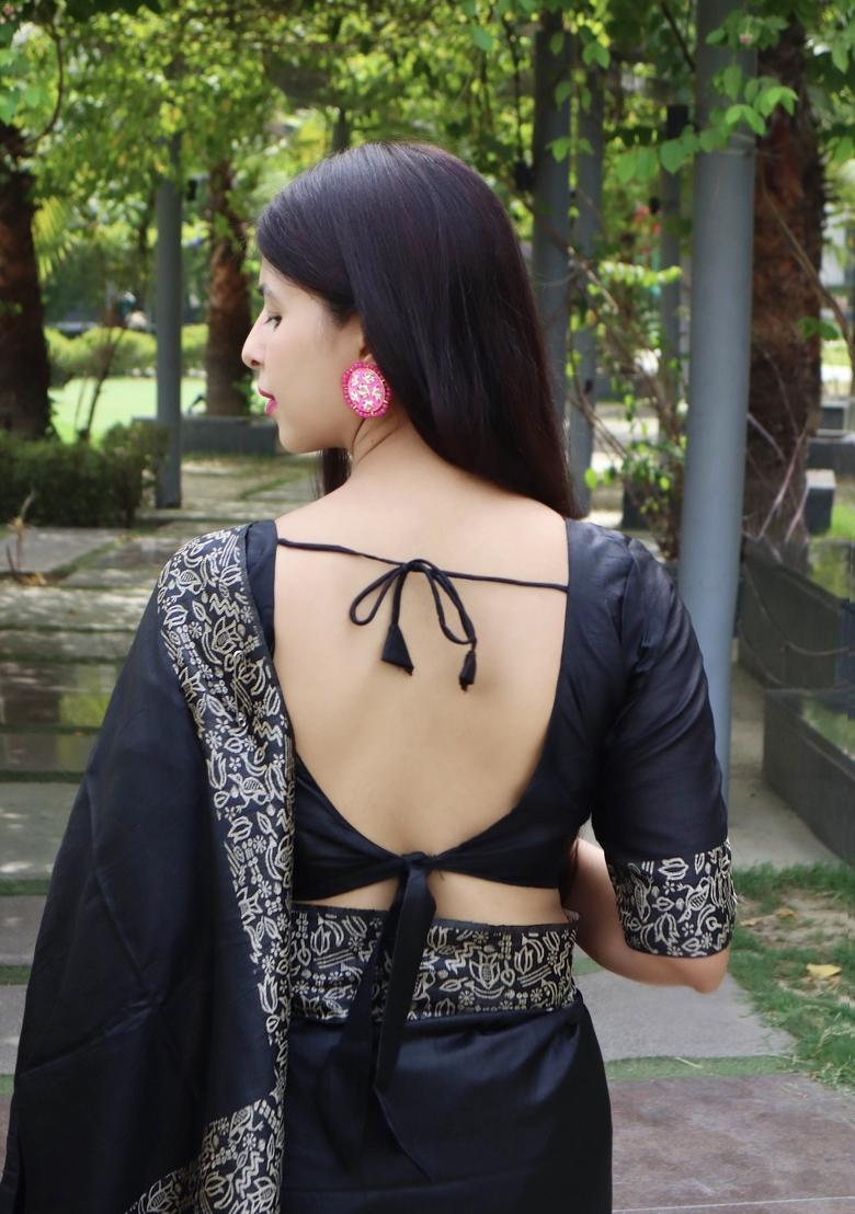 Black Printed Silk Saree Set - Indya