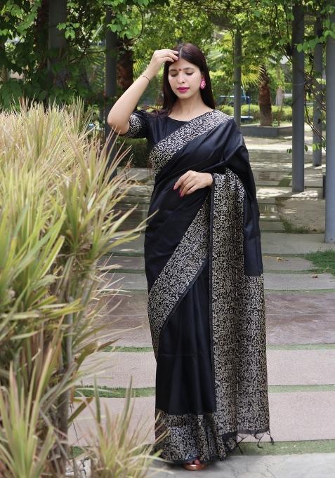 Black Printed Silk Saree Set