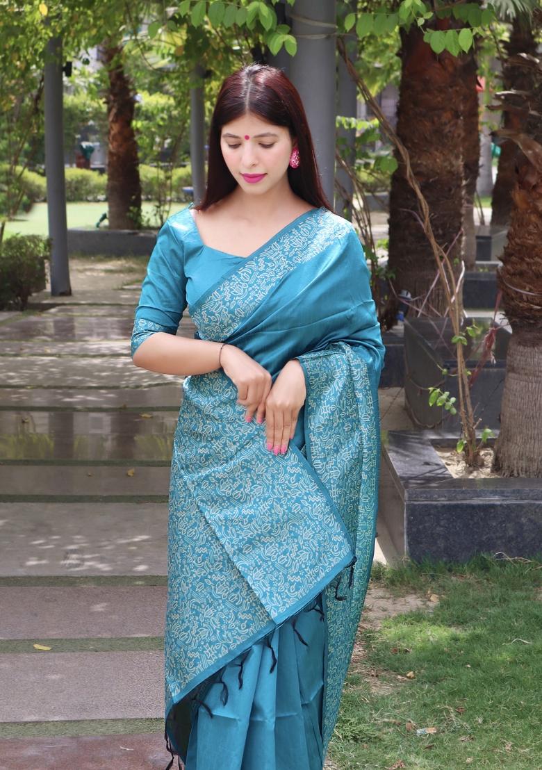 Blue Printed Silk Saree Set - Indya