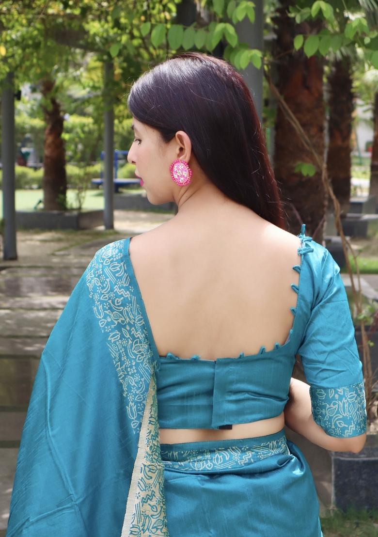 Blue Printed Silk Saree Set - Indya