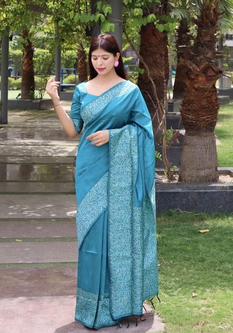 Blue Printed Silk Saree Set