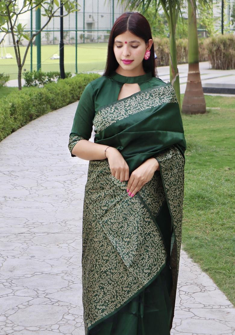 Green Printed Silk Saree Set - Indya