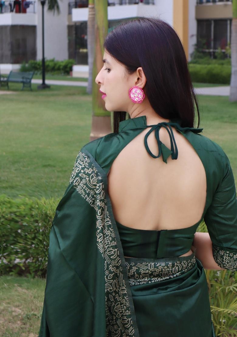 Green Printed Silk Saree Set - Indya