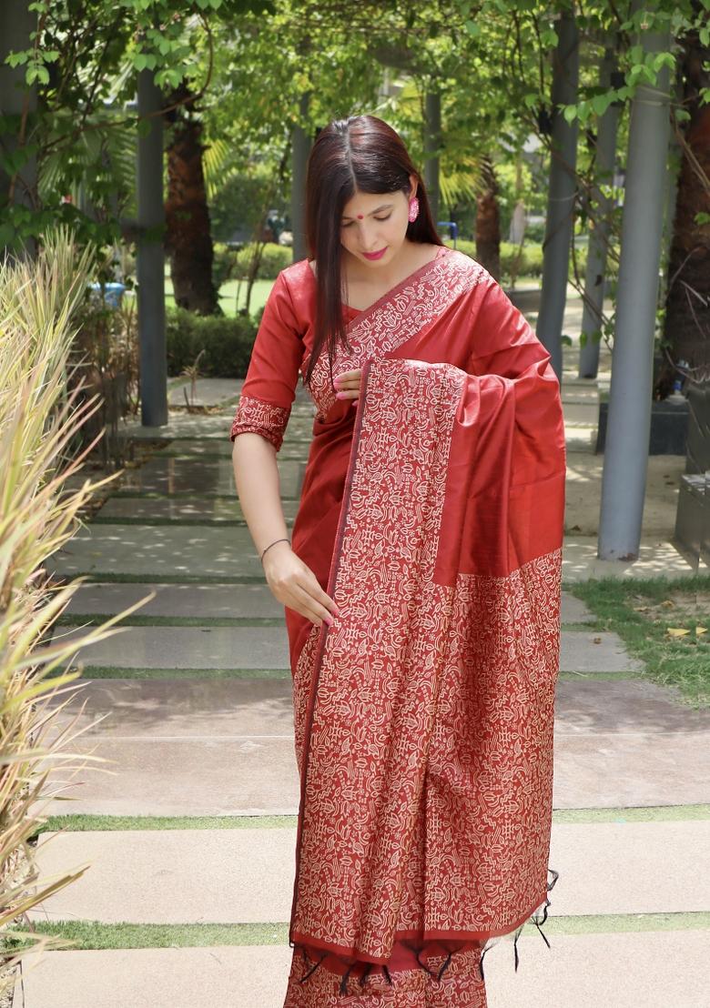 Maroon Printed Silk Saree Set - Indya